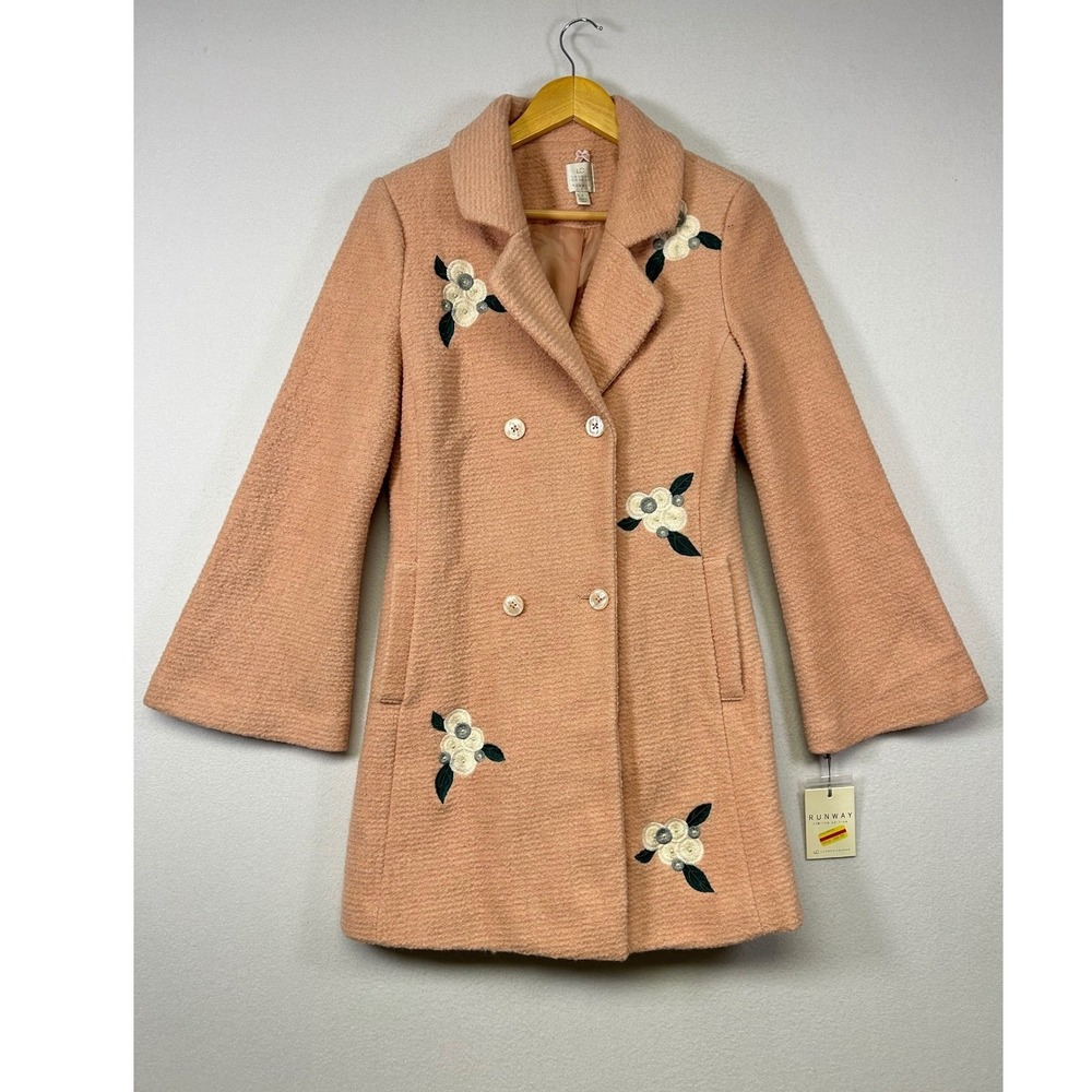 Coquette LC Lauren Conrad Women 4 Peach Floral Embroidered Wool Bell Sleeve Coat